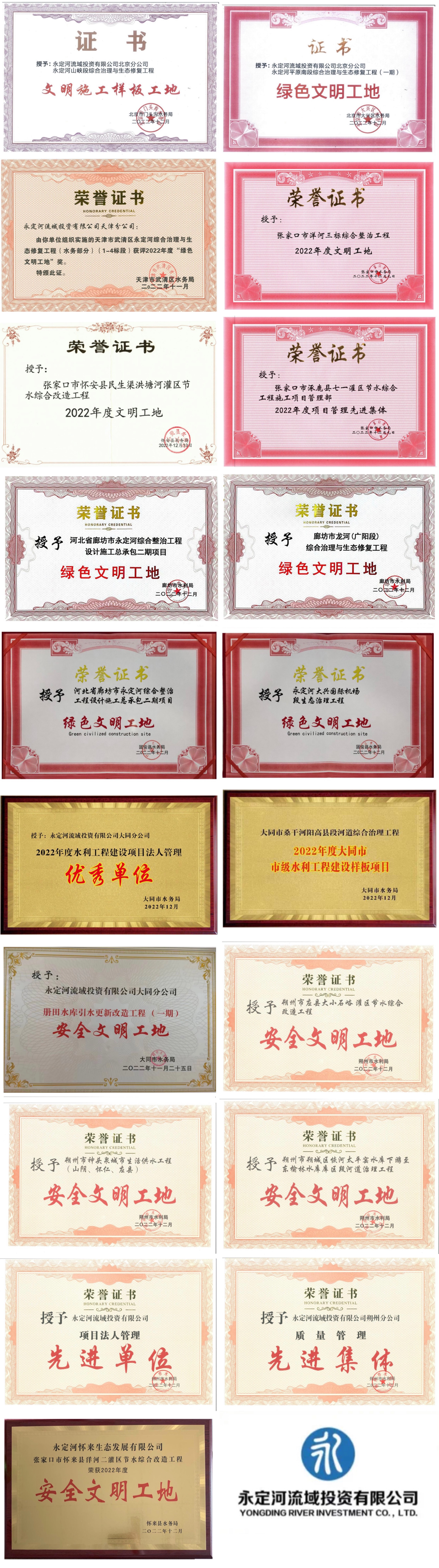 永定河投资公司19个项目获评绿色文明工地和先进管理单位